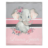 Personalized Floral Elephant Blanket - Customized Name Gift